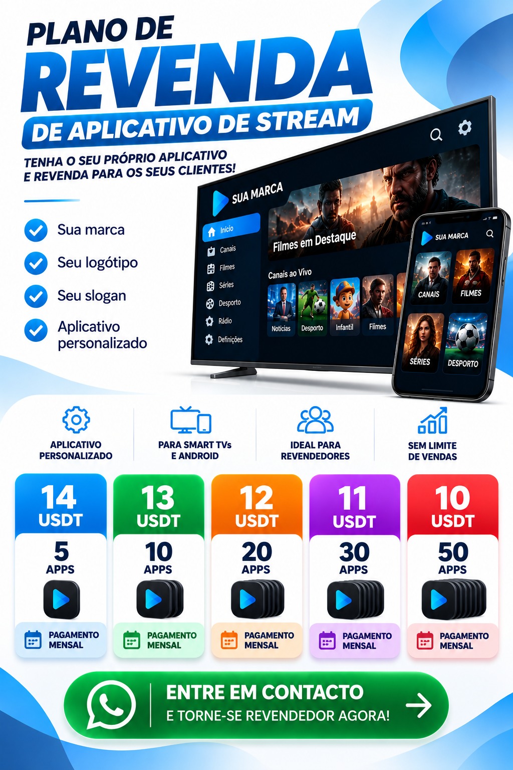 Cartaz oficial do plano de revenda de aplicações de streaming: aplicação com a sua marca em Smart TV e telemóvel e tabela mensal de 14 USDT por 5 aplicações até 10 USDT por 50 aplicações