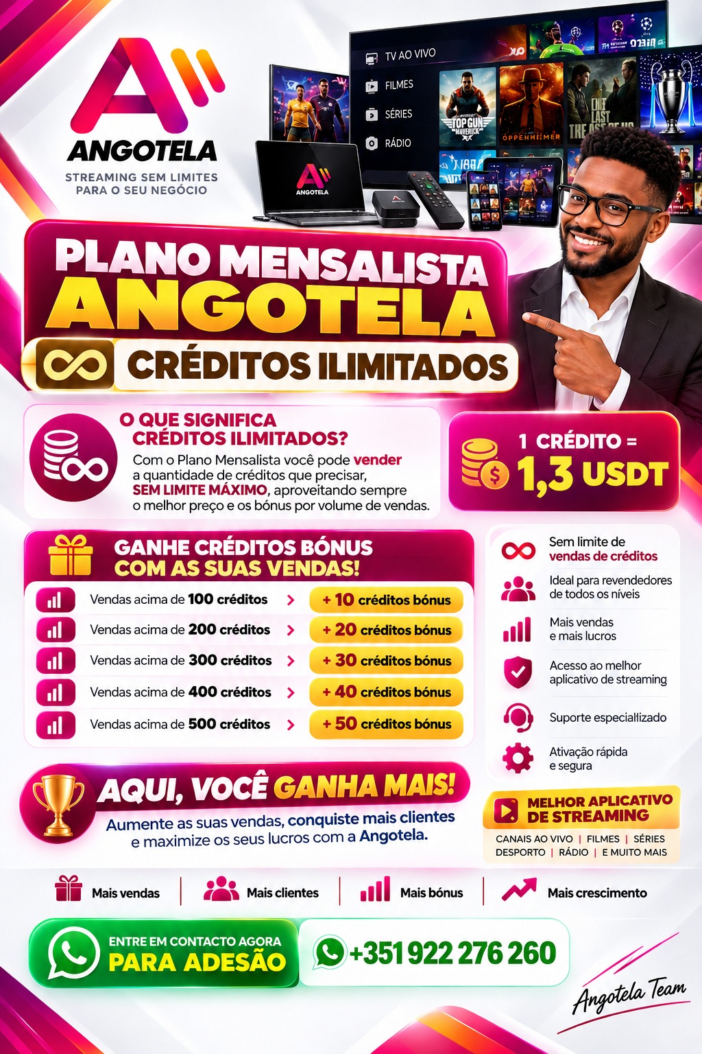Cartaz oficial do Plano Mensalista ANGOTELA: créditos ilimitados, 1 crédito por 1,3 USDT, tabela de bónus de 10 a 50 créditos consoante o volume de vendas, vantagens do serviço e contacto +351 922 276 260