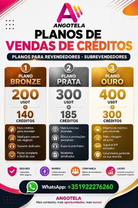 Planos de venda de créditos ANGOTELA para revendedores e subrevendedores: Plano Bronze 200 USDT por 140 créditos, Plano Prata 300 USDT por 185 créditos e Plano Ouro 400 USDT por 300 créditos